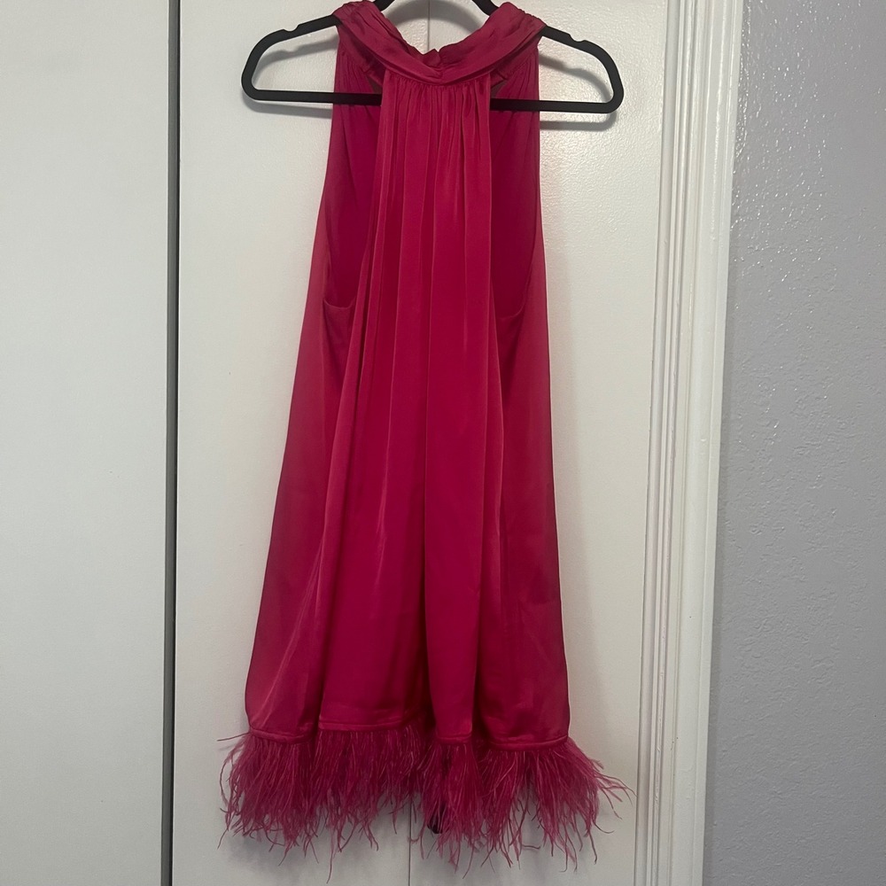 Strut & Bolt Hot Pink Halter Mini Dress Ostrich Feather Trim Satin Size L
